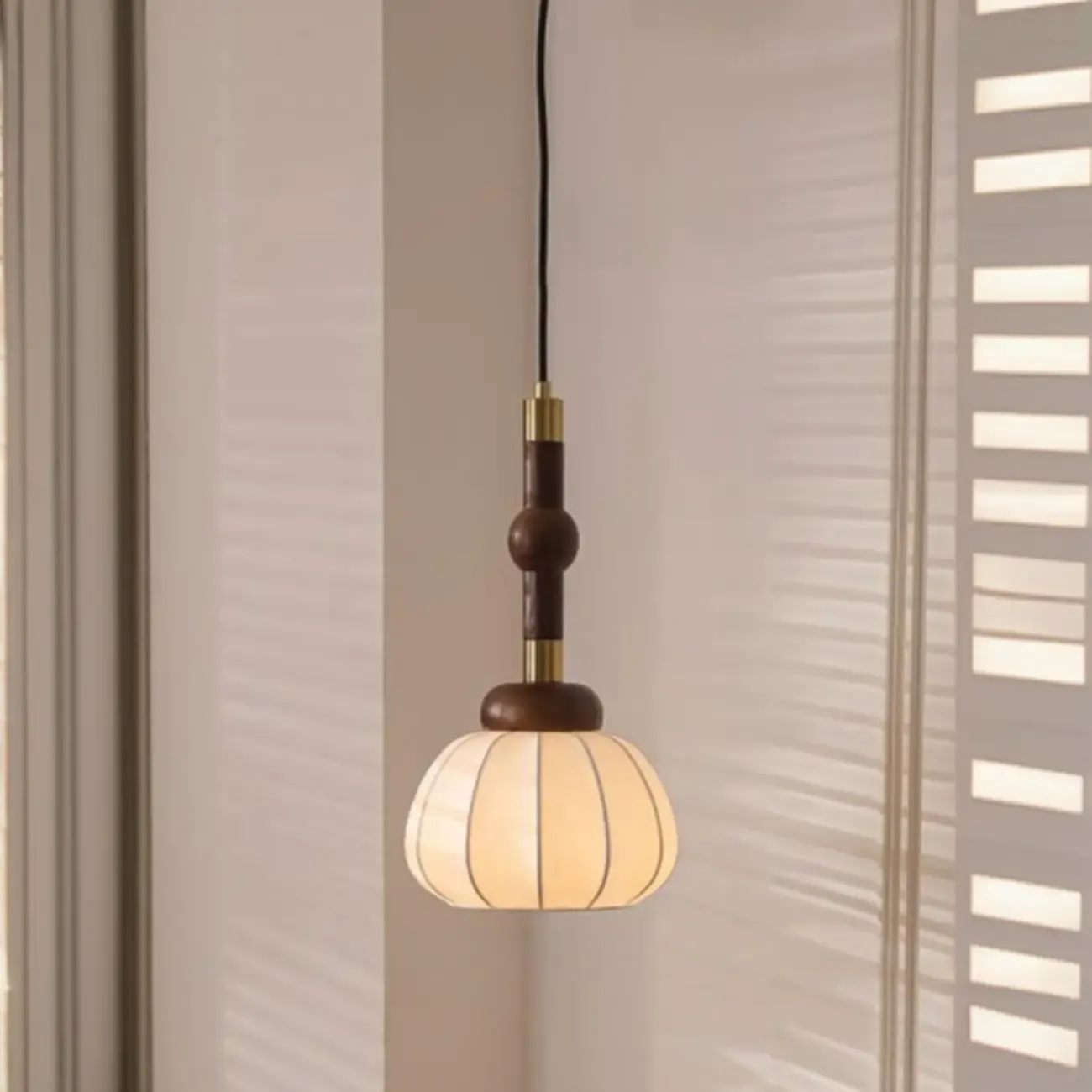 Contemporary Pumpkin Wood & Silk Beige Pendant Light  Image - 3