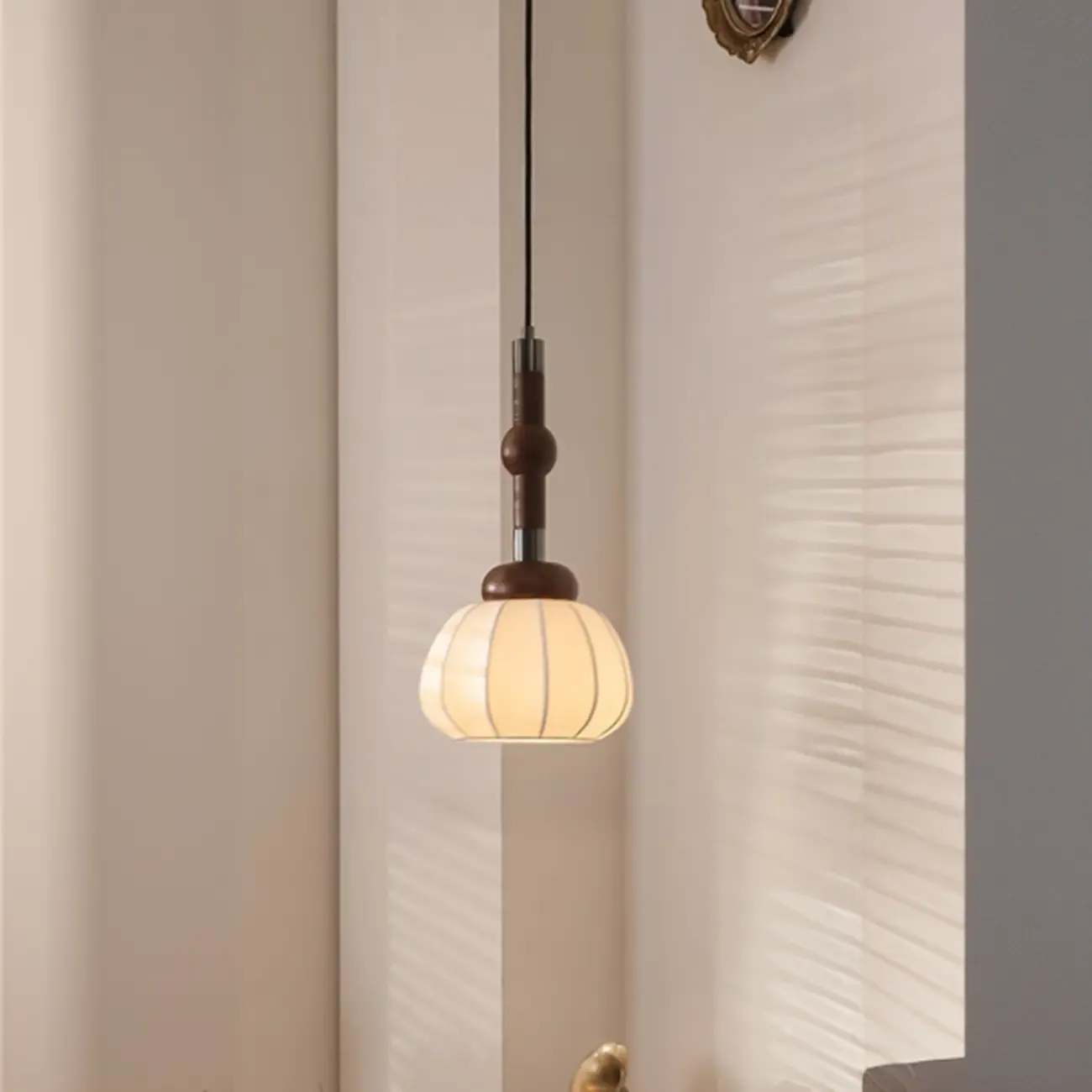 Contemporary Pumpkin Wood & Silk Beige Pendant Light  Image - 4