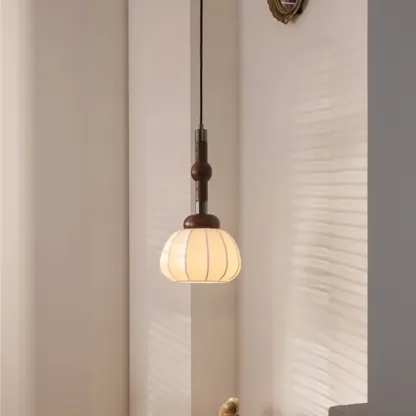 Contemporary Pumpkin Wood & Silk Beige Pendant Light  Image - 4