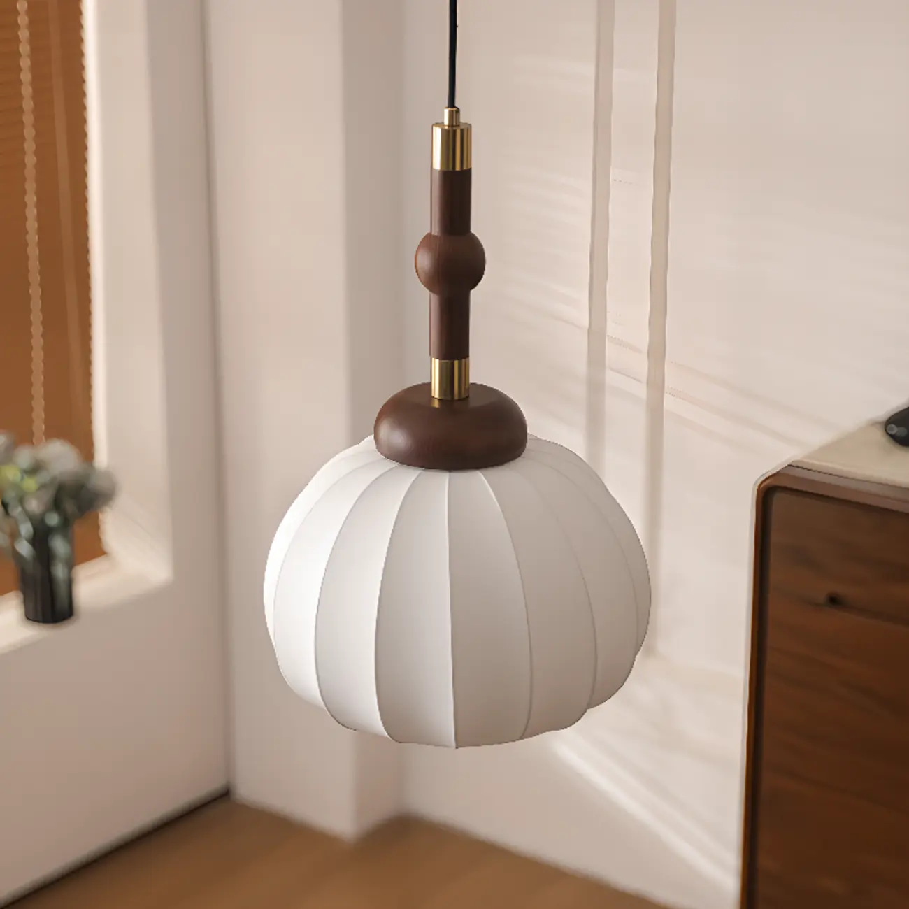 Contemporary Pumpkin Wood & Silk Beige Pendant Light  Image - 2 | homeyfad