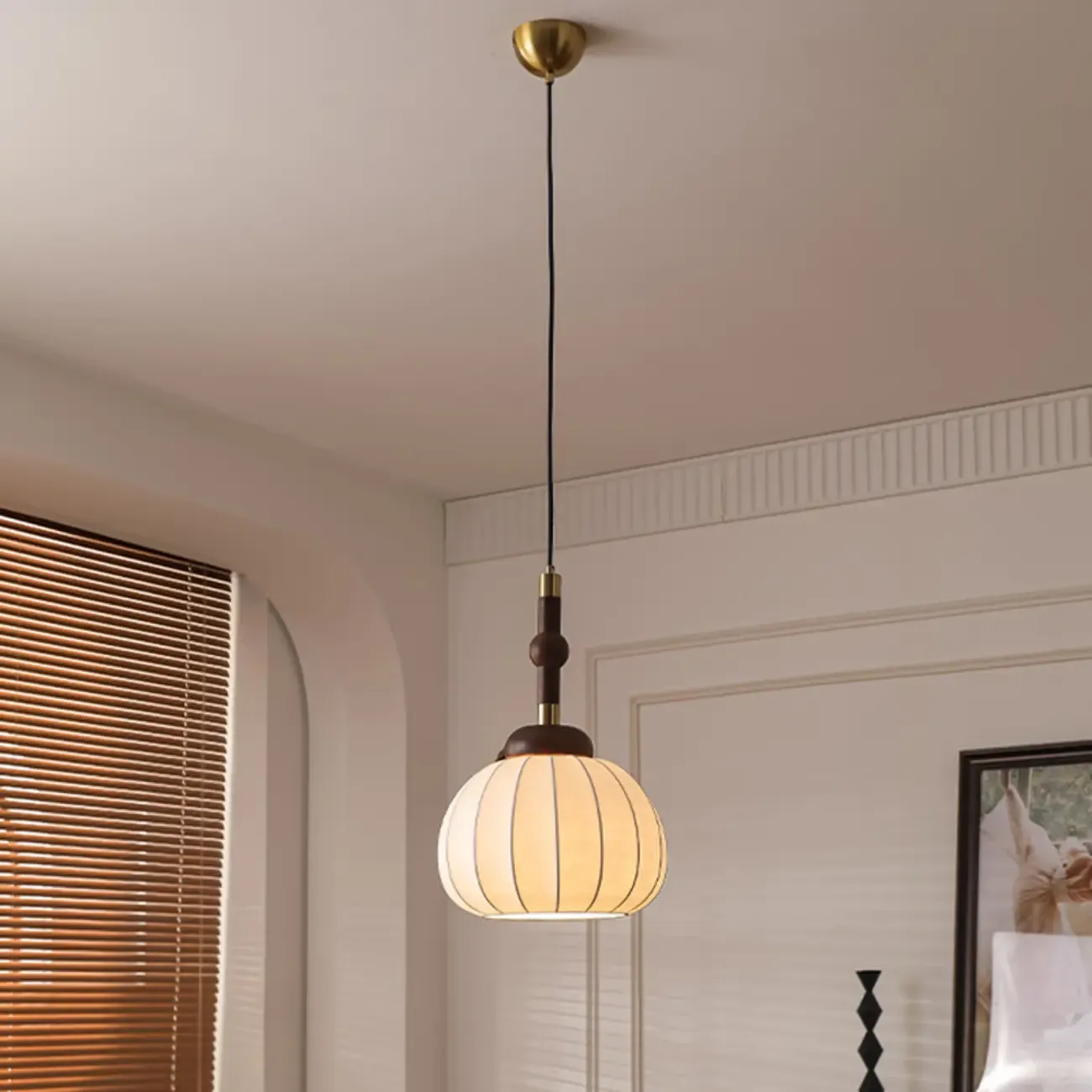 Contemporary Pumpkin Wood & Silk Beige Pendant Light  Image - 5