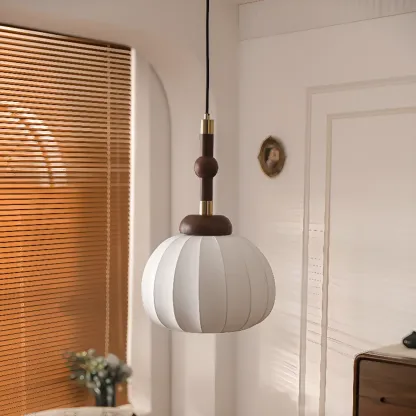 Contemporary Pumpkin Wood & Silk Beige Pendant Light  Image - 6