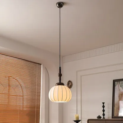 Contemporary Pumpkin Wood & Silk Beige Pendant Light  Image - 7