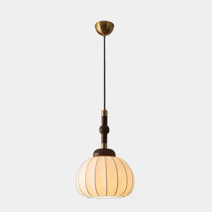 Contemporary Pumpkin Wood & Silk Beige Pendant Light  Image - 9
