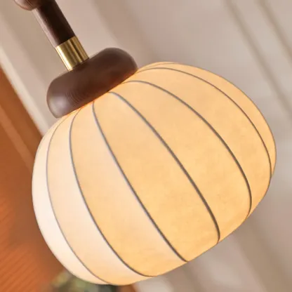 Contemporary Pumpkin Wood & Silk Beige Pendant Light  Image - 10