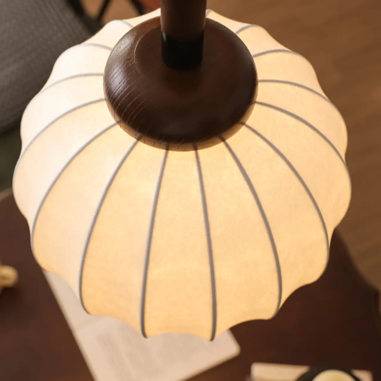 Contemporary Pumpkin Wood & Silk Beige Pendant Light  Image - 11 | homeyfad