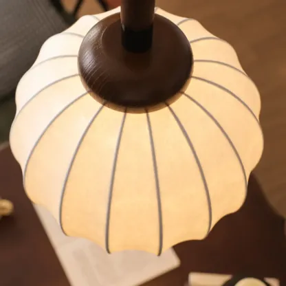 Contemporary Pumpkin Wood & Silk Beige Pendant Light  Image - 11