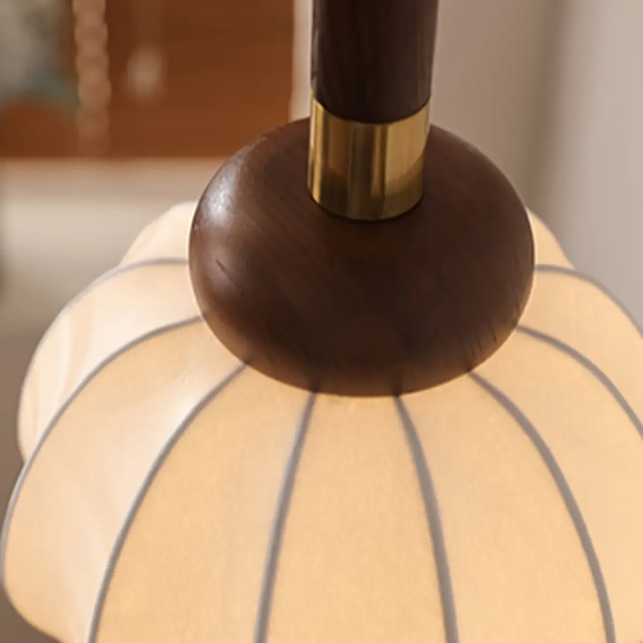 Contemporary Pumpkin Wood & Silk Beige Pendant Light  Image - 12