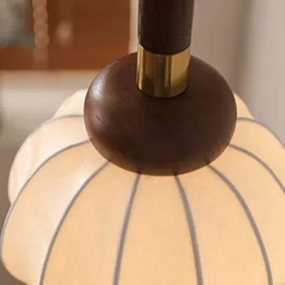 Contemporary Pumpkin Wood & Silk Beige Pendant Light  Image - 12