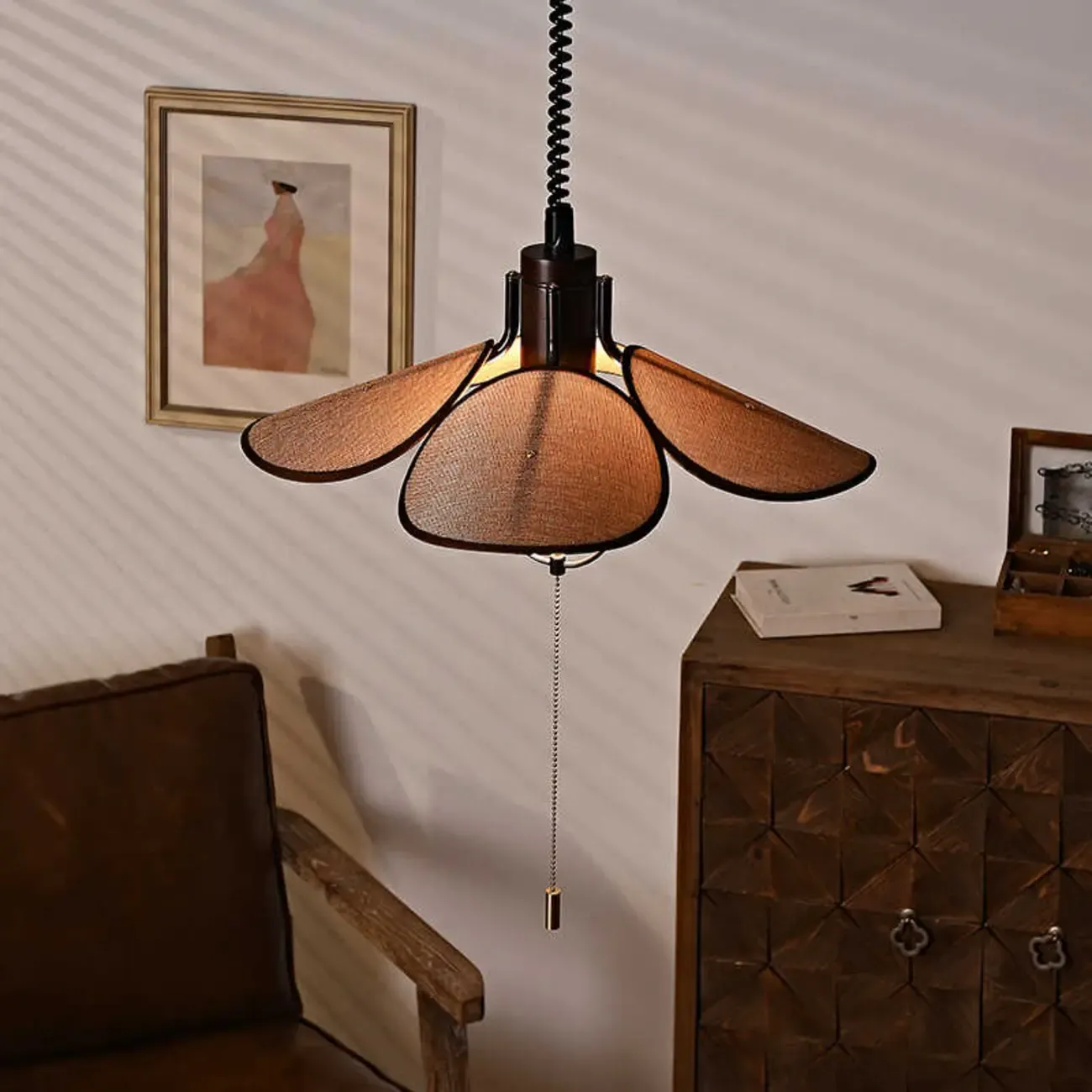 Vintage Blossom Elegant Brown Fabric LED Pendant Light Fixture 	 Image - 7