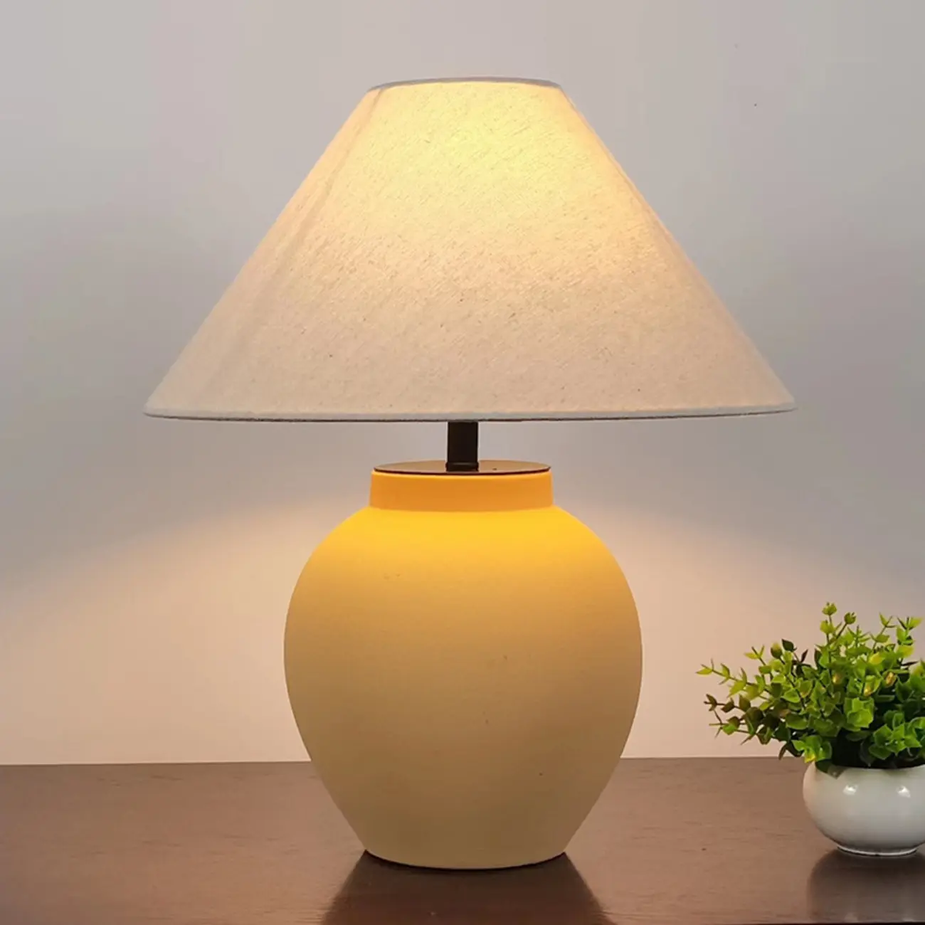 Simple Modern Ceramic Yellow LED Table Lamp in Fabric Shade  Image - 1 | homeyfad