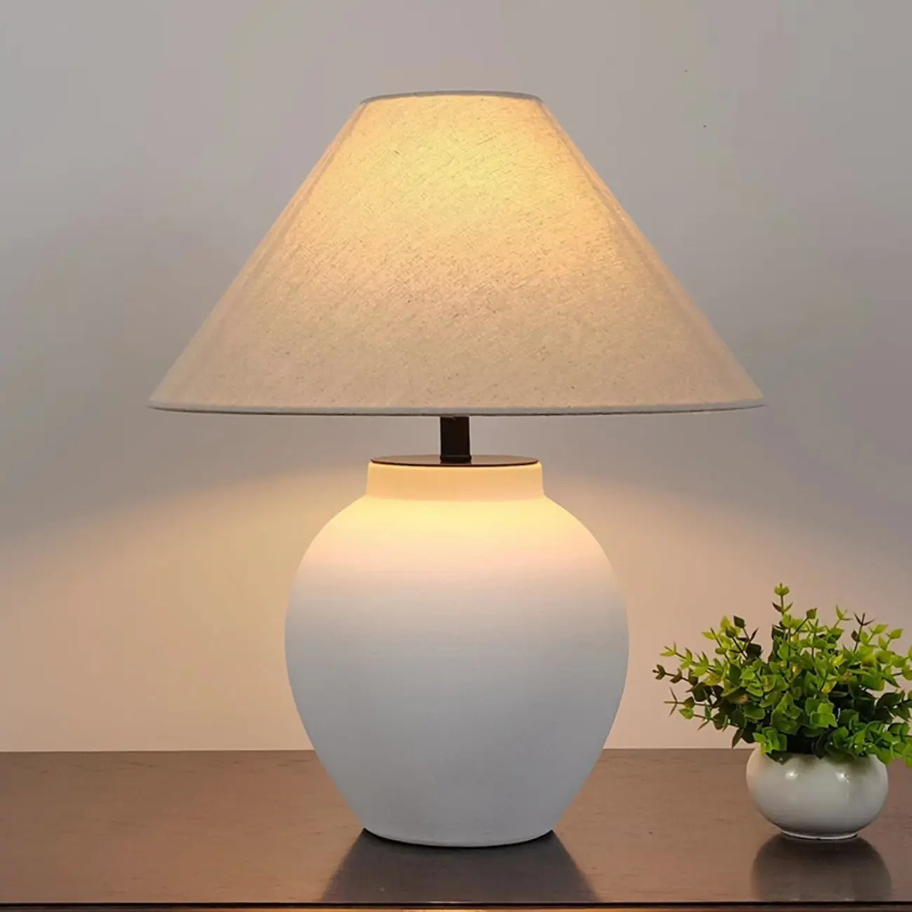 Simple Modern Ceramic Yellow LED Table Lamp in Fabric Shade  Image - 2 | homeyfad