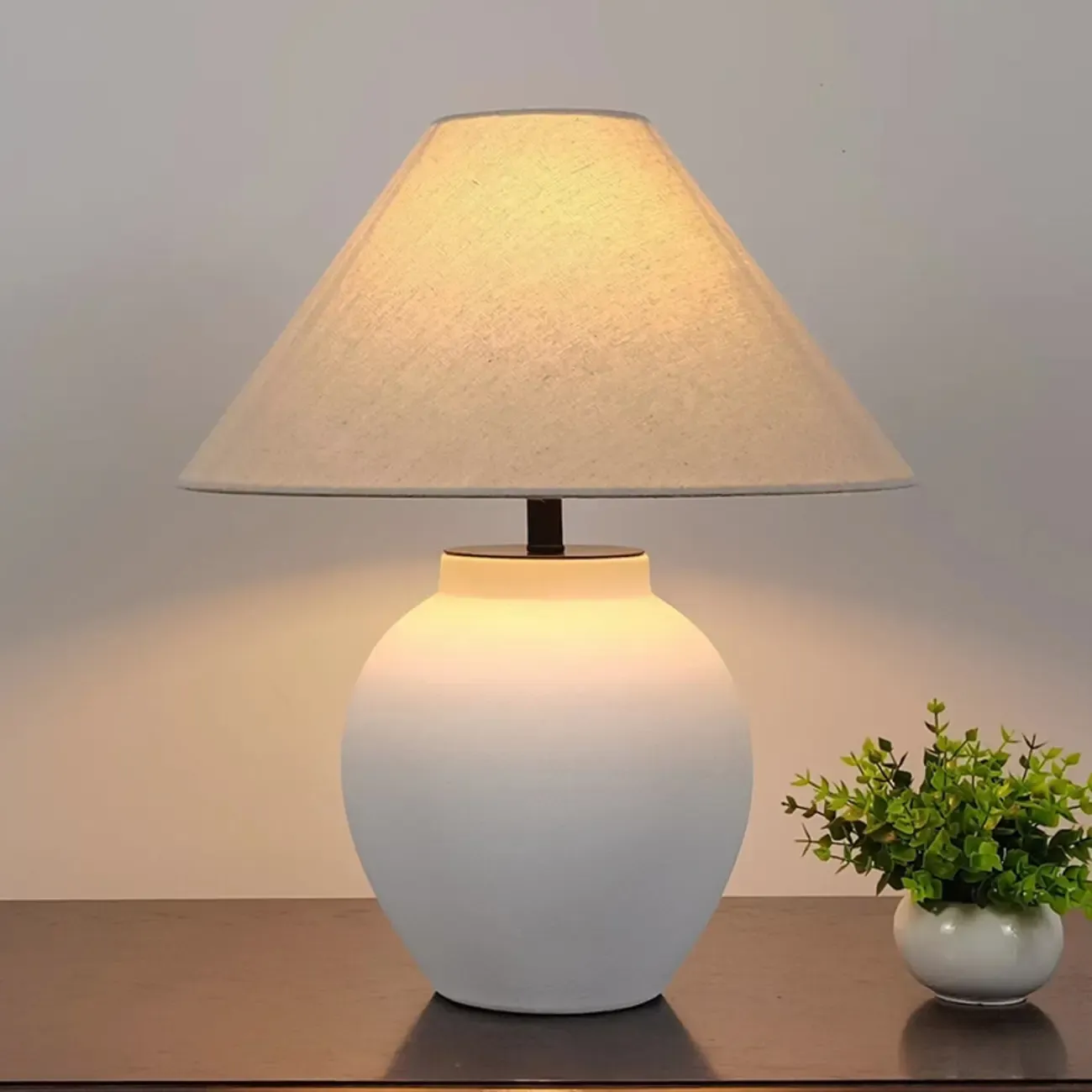 Simple Modern Ceramic Yellow LED Table Lamp in Fabric Shade  Image - 2