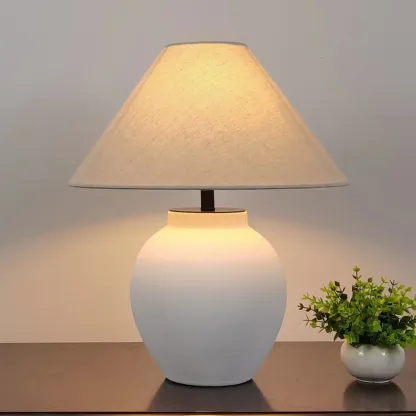 Simple Modern Ceramic Yellow LED Table Lamp in Fabric Shade  Image - 2