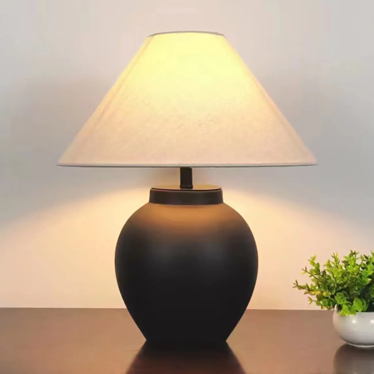 Simple Modern Ceramic Yellow LED Table Lamp in Fabric Shade  Image - 3 | homeyfad