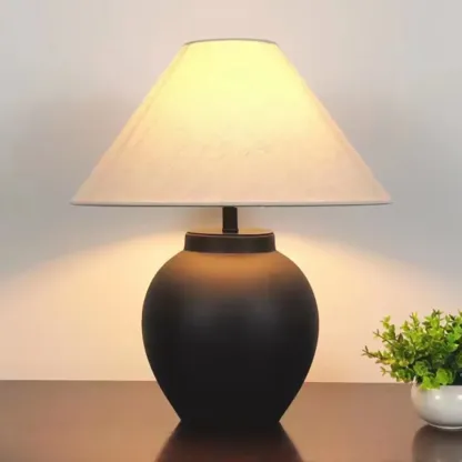 Simple Modern Ceramic Yellow LED Table Lamp in Fabric Shade  Image - 3