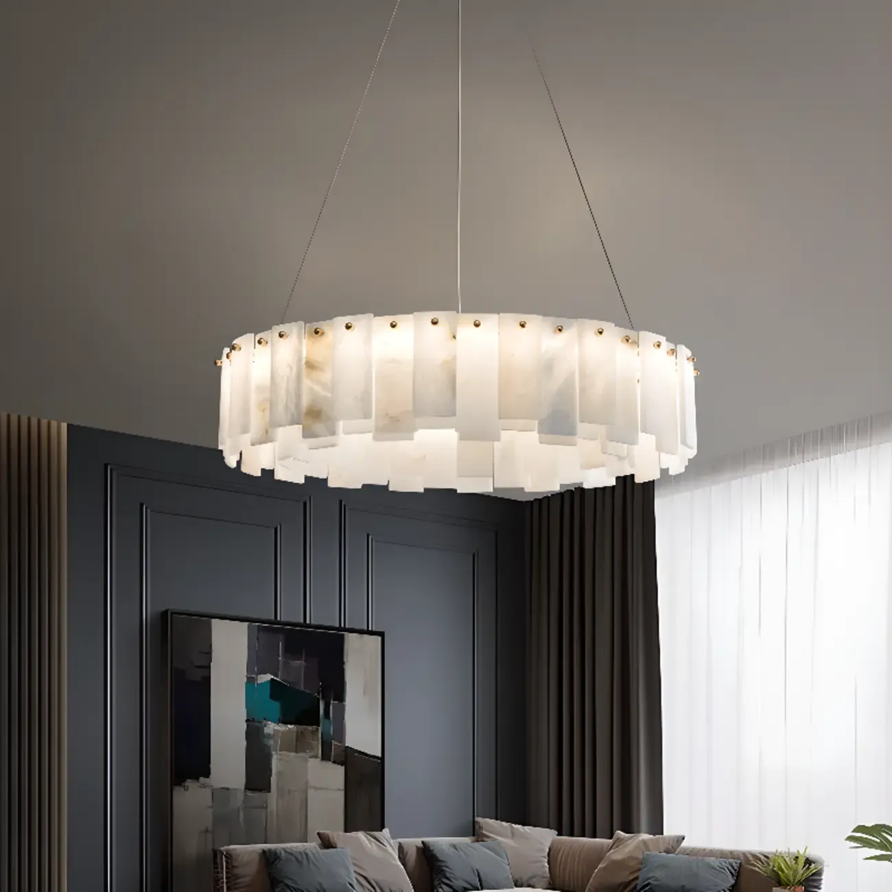 Glamorous Gray-white Circular Alabaster Pendant Chandelier Image - 2