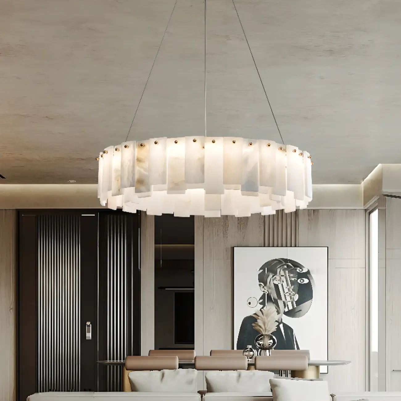 Glamorous Gray-white Circular Alabaster Pendant Chandelier Image - 1