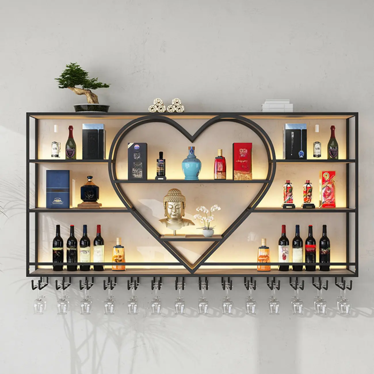 Black Heart Floating Wall Mounted Wine Rack Image - 1 | homeyfad