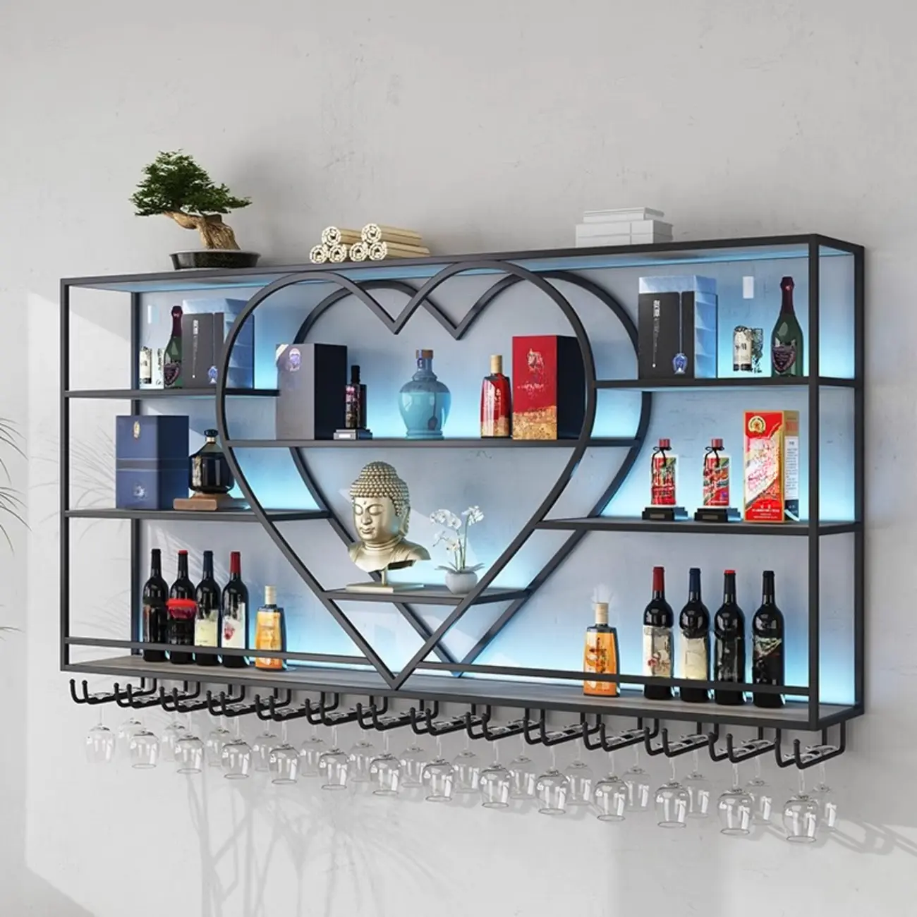 Black Heart Floating Wall Mounted Wine Rack Image - 2 | homeyfad