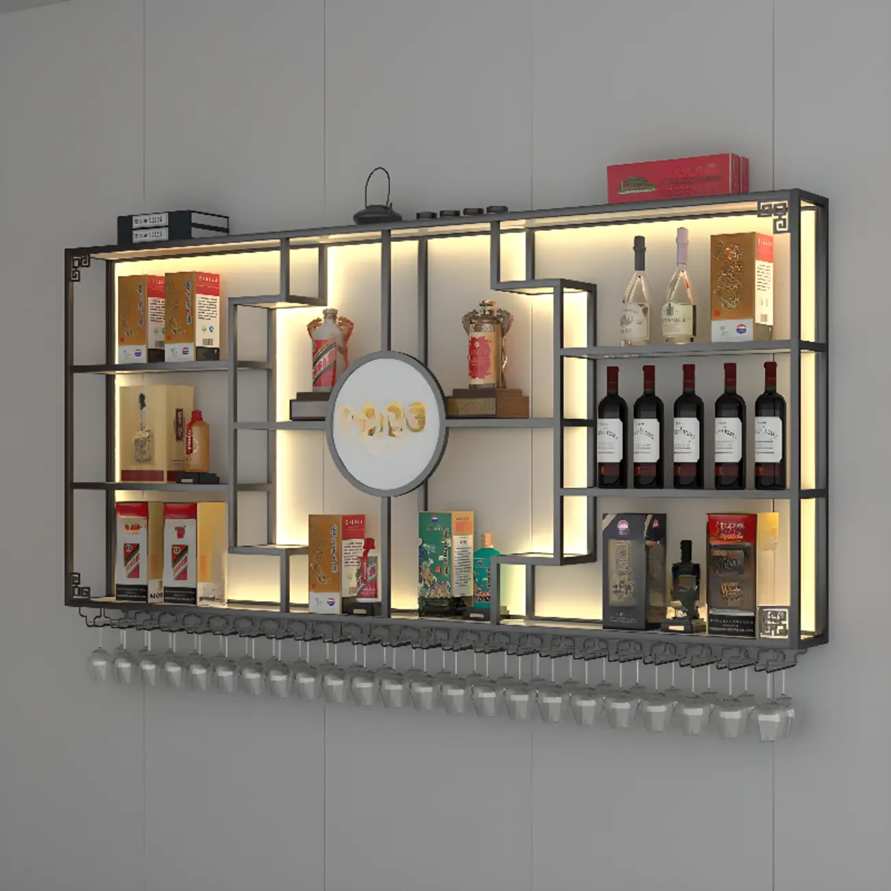 Artistic Metal Black Wall Mounted Wine Rack with Light Image - 1 | homeyfad