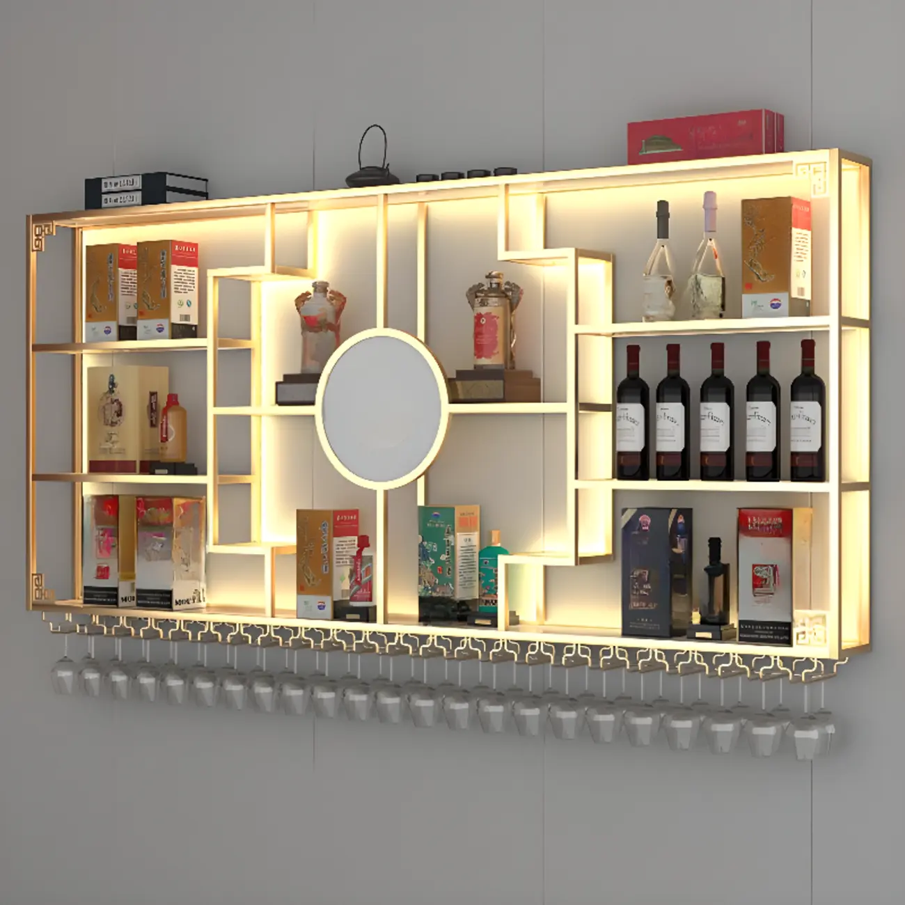 Artistic Metal Black Wall Mounted Wine Rack with Light Image - 2 | homeyfad