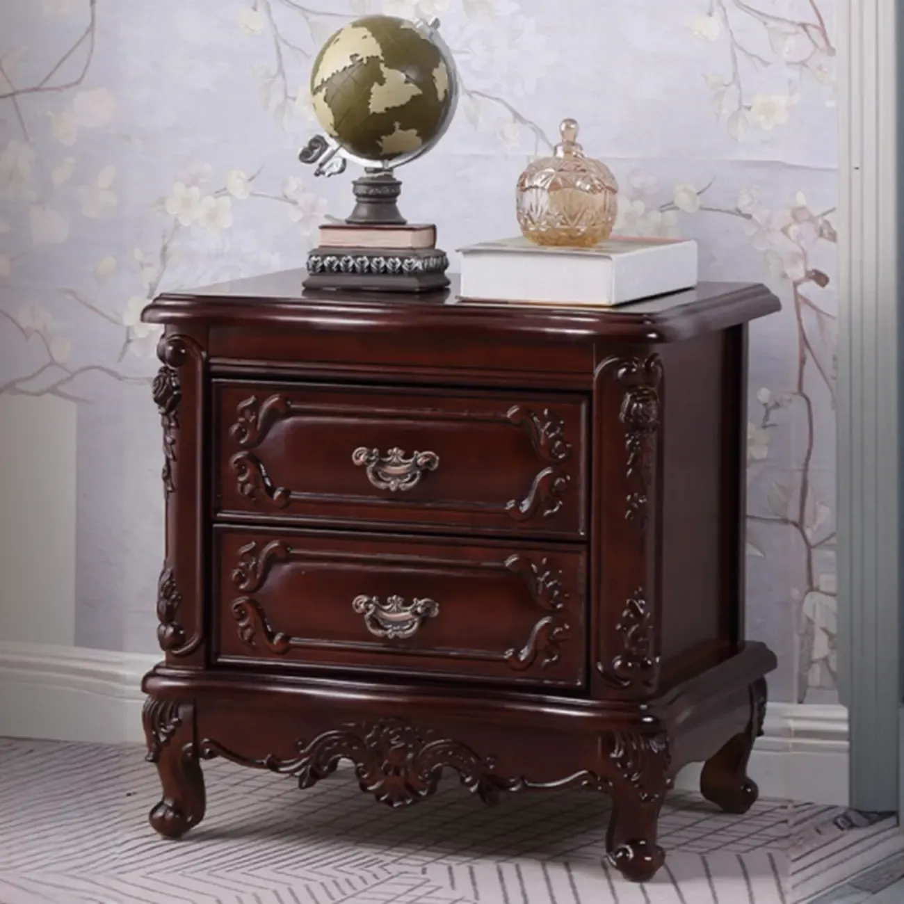 Traditional Carved Wood 2-Drawer Nightstand Image - 1