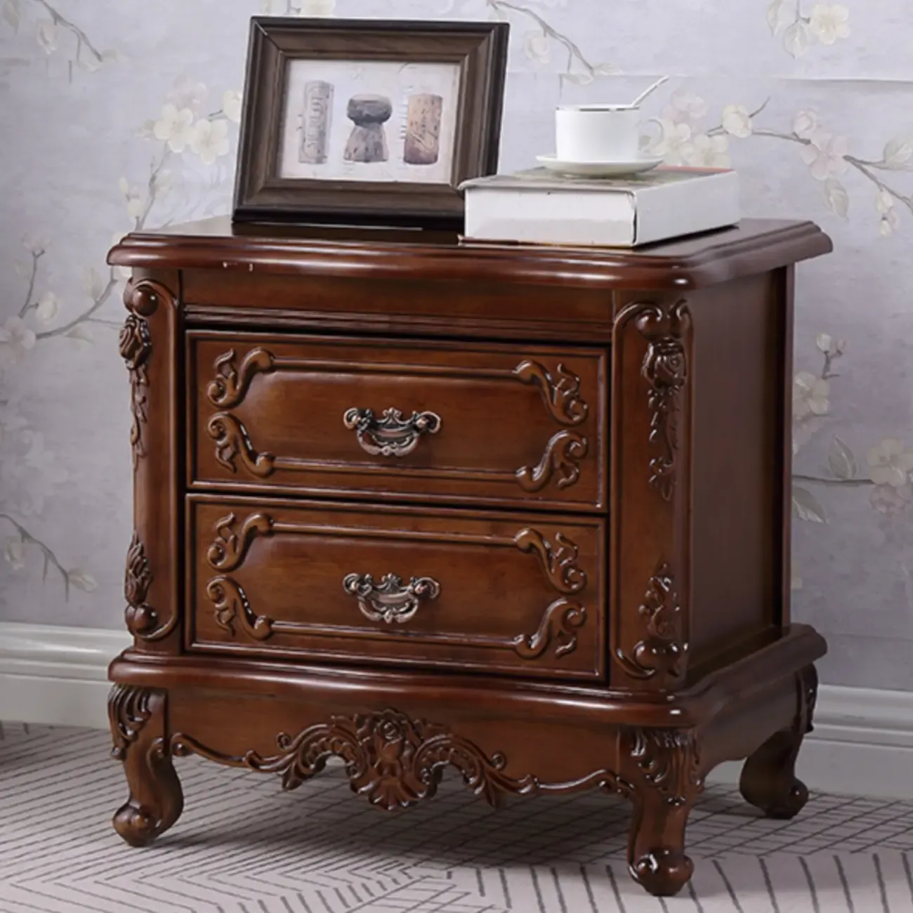 Traditional Carved Wood 2-Drawer Nightstand Image - 3