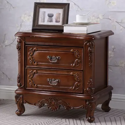 Traditional Carved Wood 2-Drawer Nightstand Image - 3