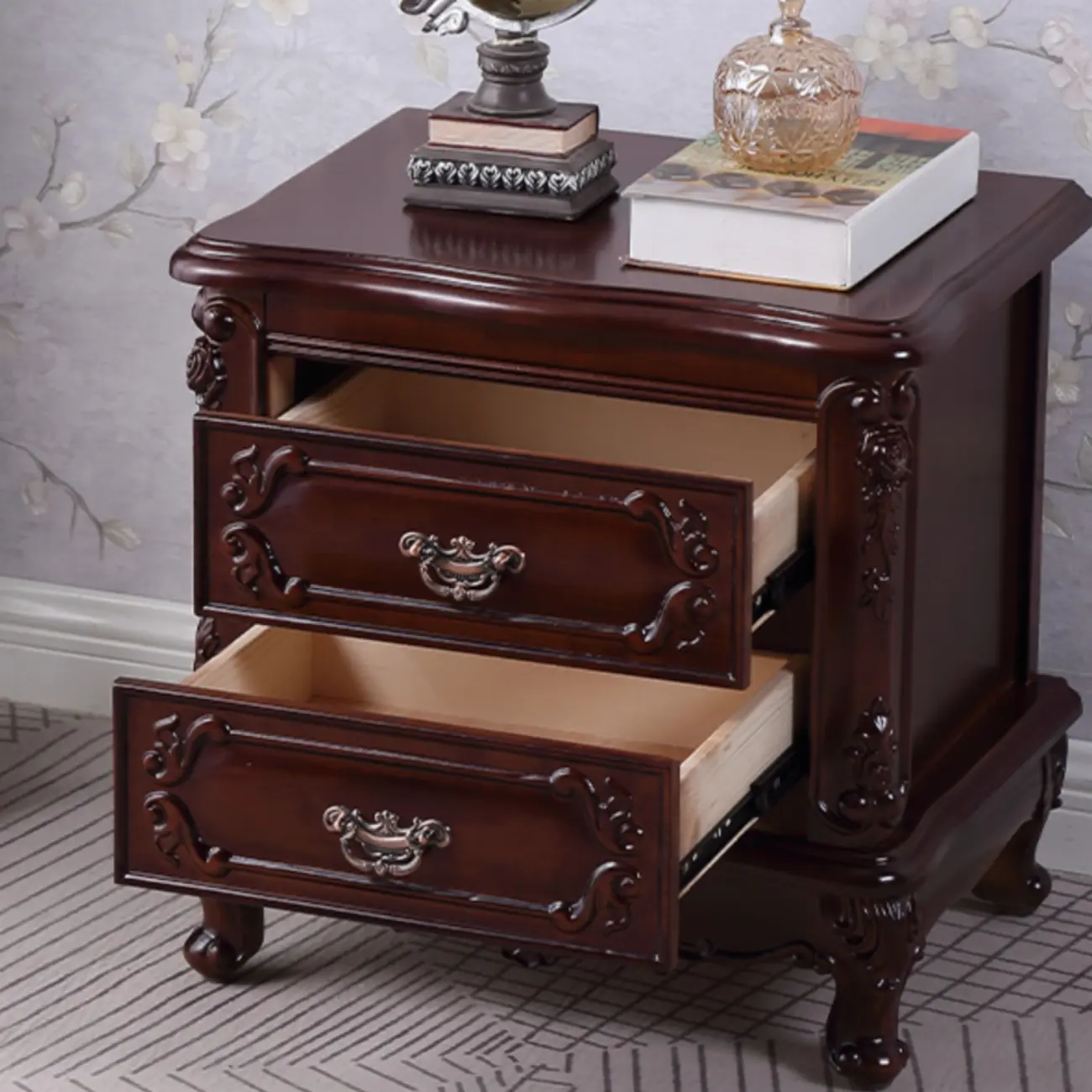 Traditional Carved Wood 2-Drawer Nightstand Image - 6 | homeyfad