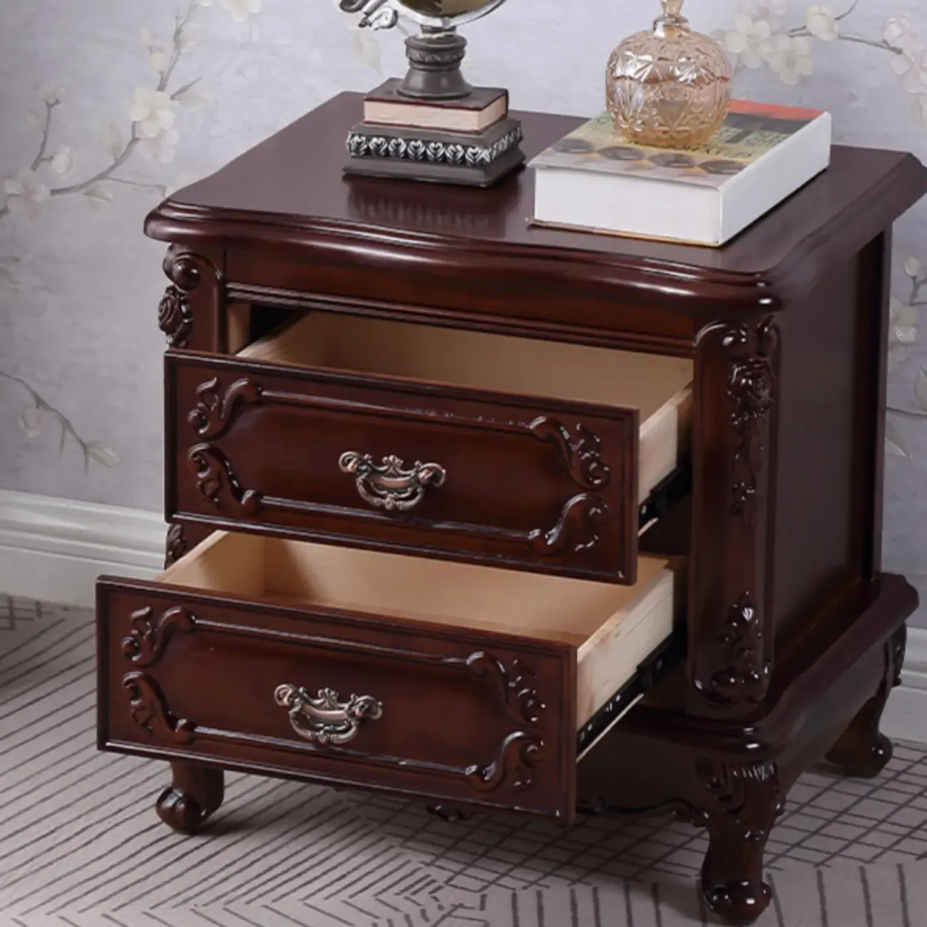Traditional Carved Wood 2-Drawer Nightstand Image - 6