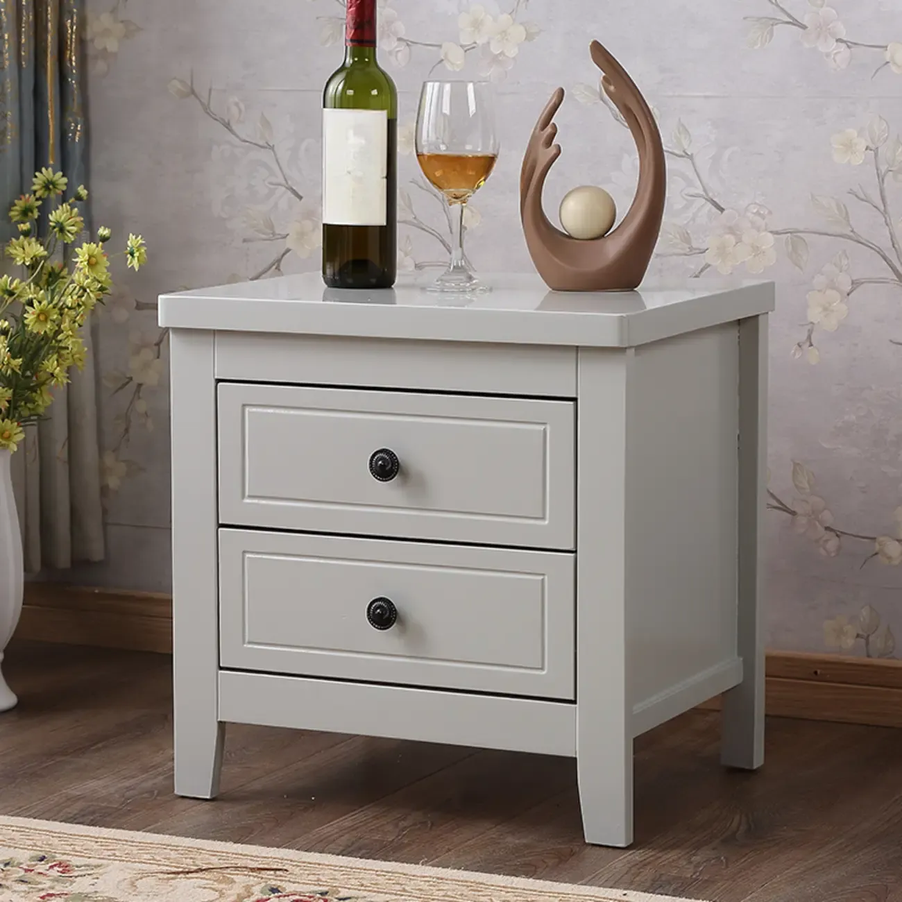 Antique 2 Tiers Drawer Wooden Grey Nightstand Image - 1