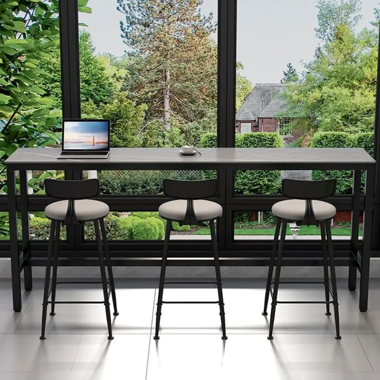 Modern Grey Stone Top Bar Height Table with Trestle Base Image - 1