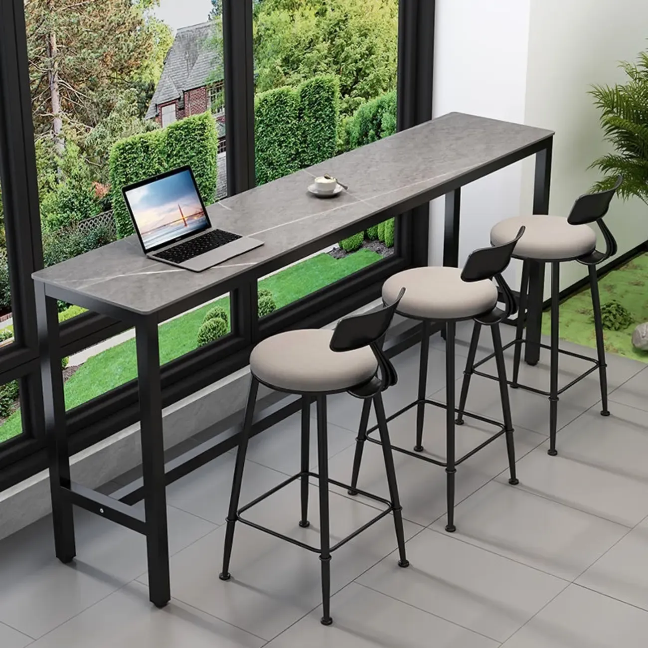 Modern Grey Stone Top Bar Height Table with Trestle Base Image - 2