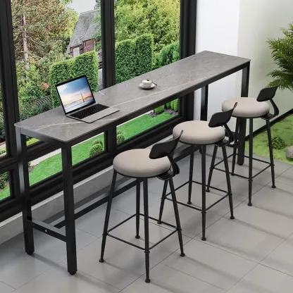 Modern Grey Stone Top Bar Height Table with Trestle Base Image - 2