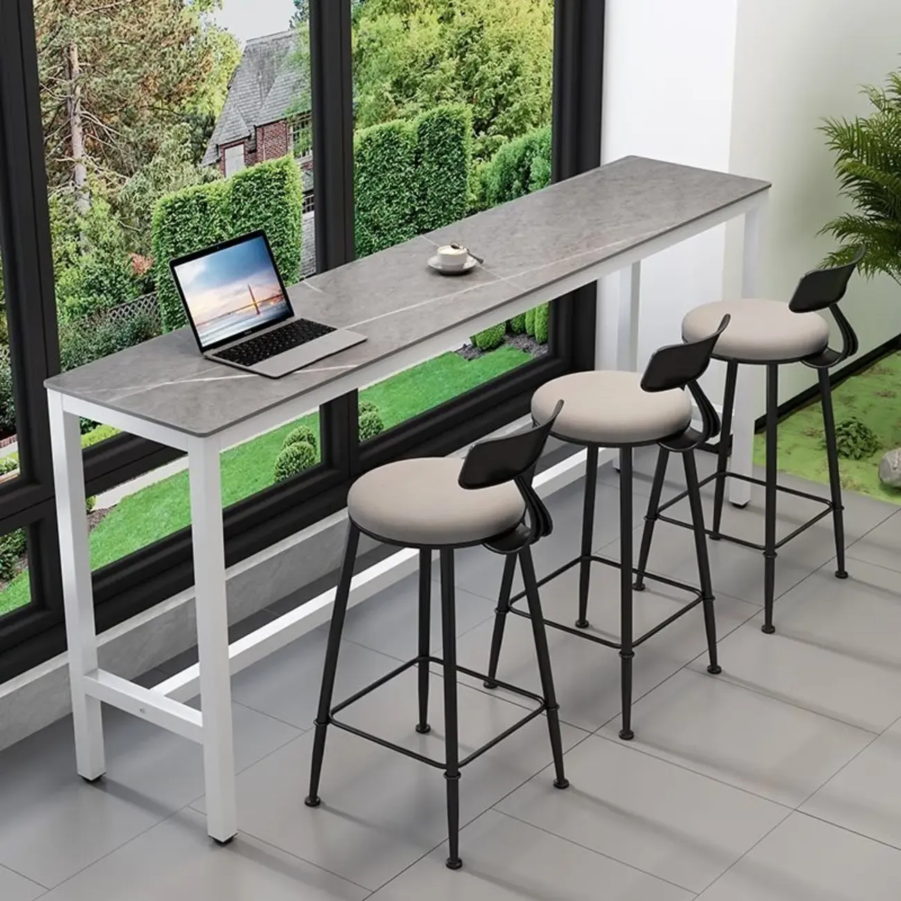 Modern Grey Stone Top Bar Height Table with Trestle Base Image - 3