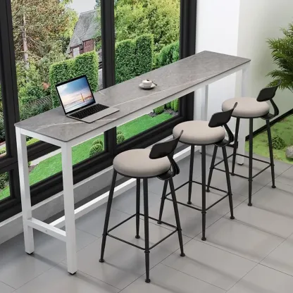 Modern Grey Stone Top Bar Height Table with Trestle Base Image - 3