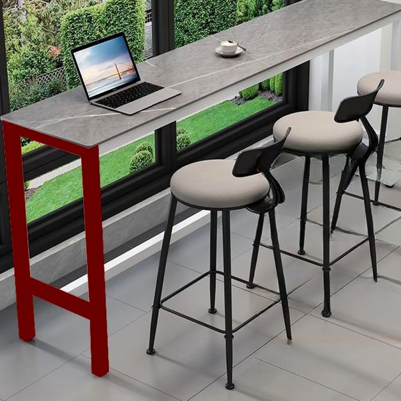 Modern Grey Stone Top Bar Height Table with Trestle Base Image - 4 | homeyfad