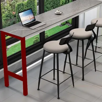 Modern Grey Stone Top Bar Height Table with Trestle Base Image - 4