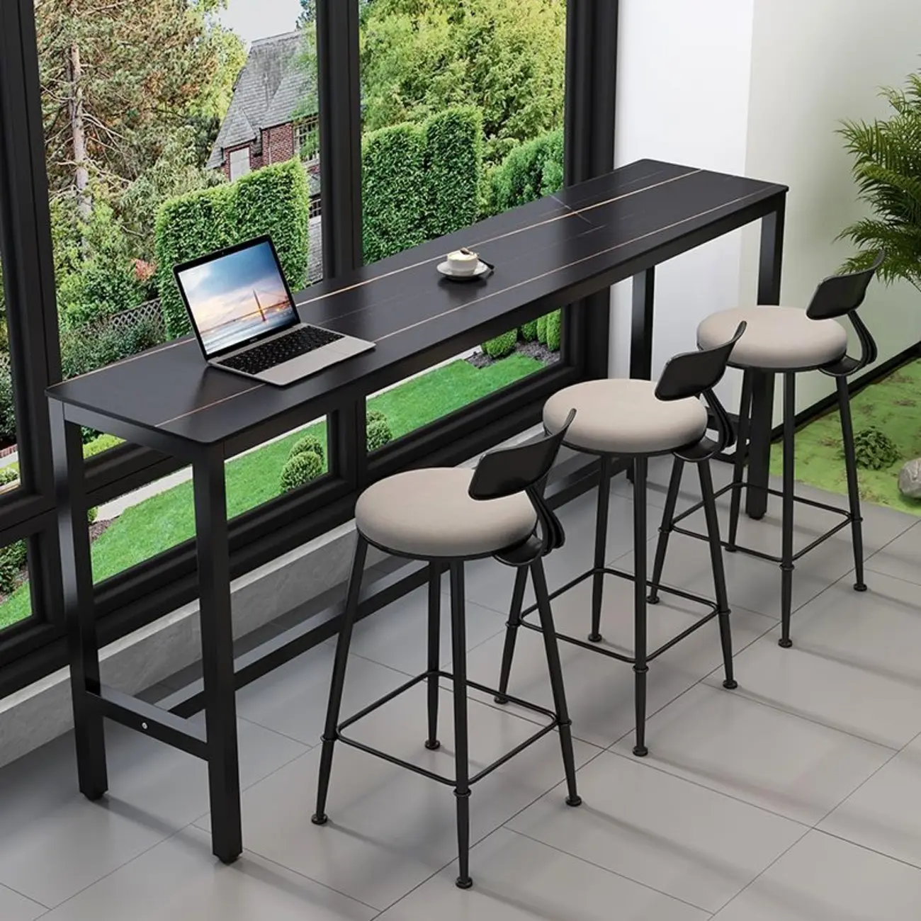 Modern Grey Stone Top Bar Height Table with Trestle Base | homeyfad