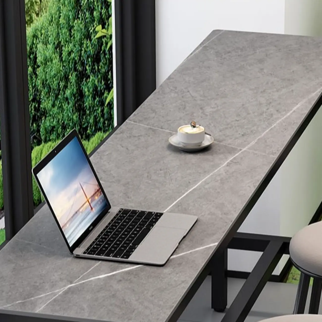 Modern Grey Stone Top Bar Height Table with Trestle Base Image - 6 | homeyfad