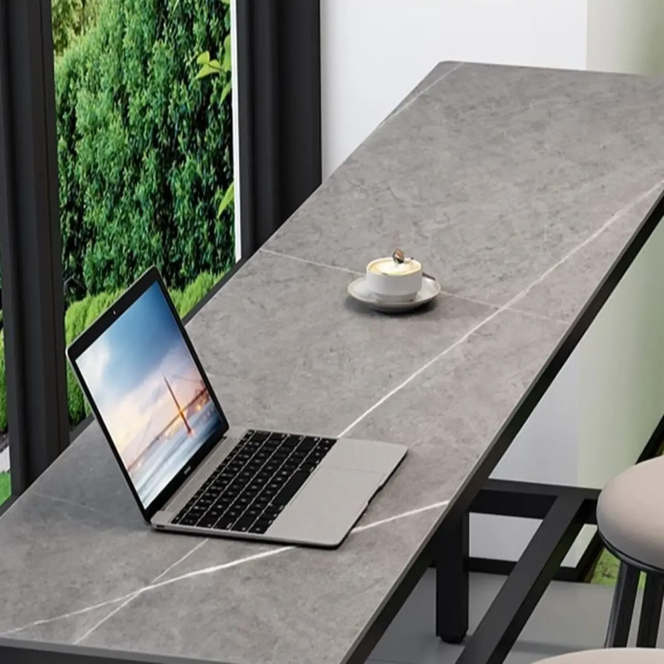 Modern Grey Stone Top Bar Height Table with Trestle Base Image - 6