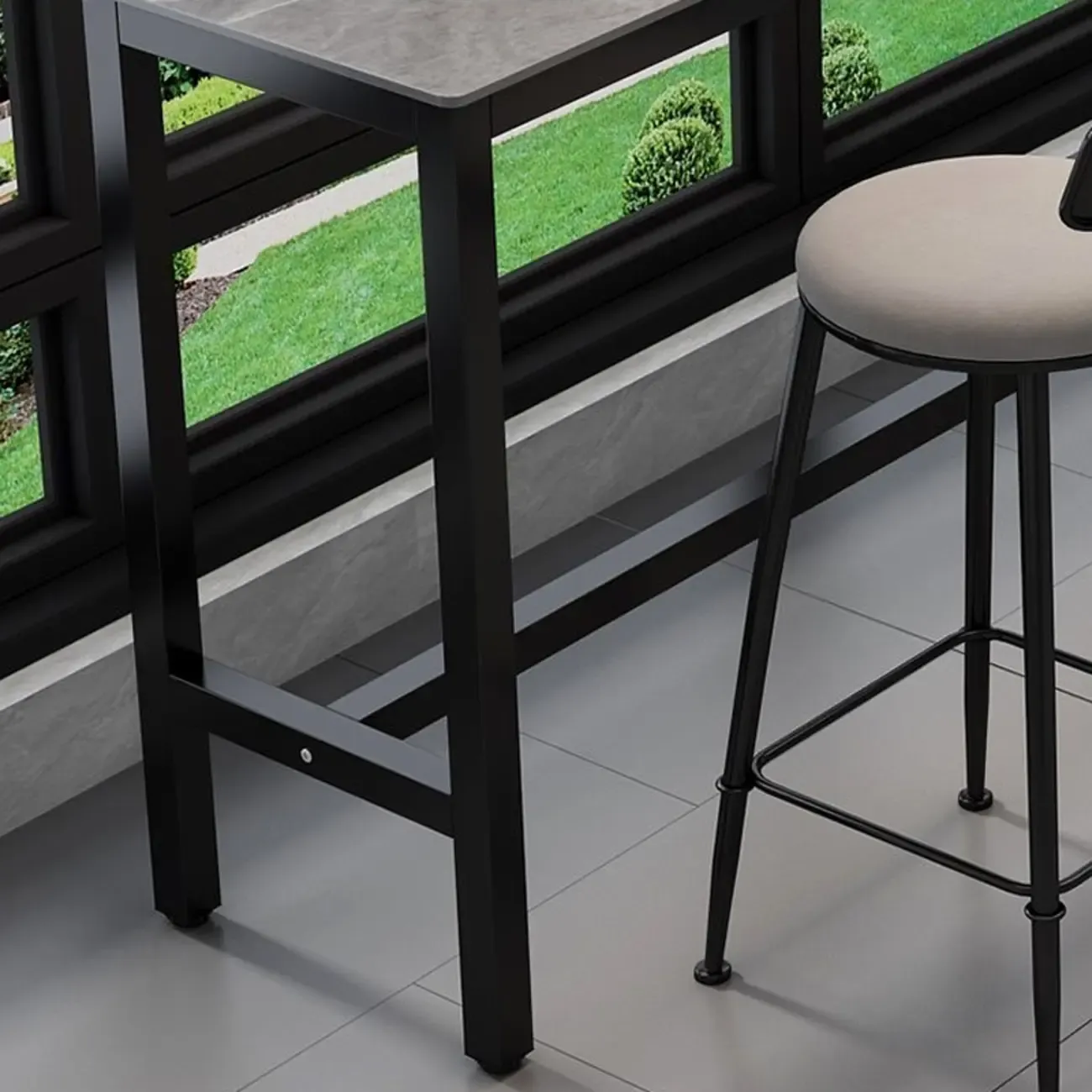 Modern Grey Stone Top Bar Height Table with Trestle Base Image - 7