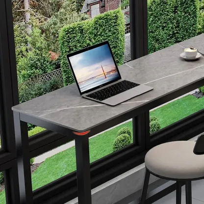 Modern Grey Stone Top Bar Height Table with Trestle Base Image - 8