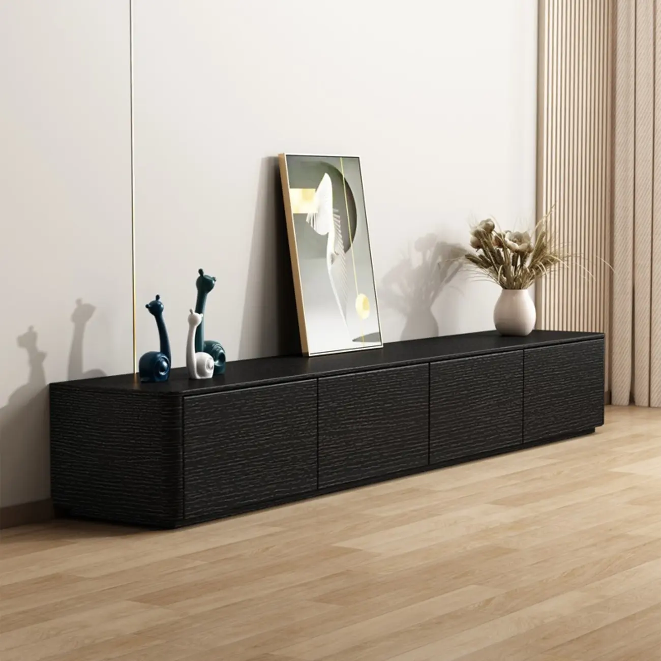 79" Black Wood Long Cable Management TV Stand with Drawer Image - 3 | homeyfad