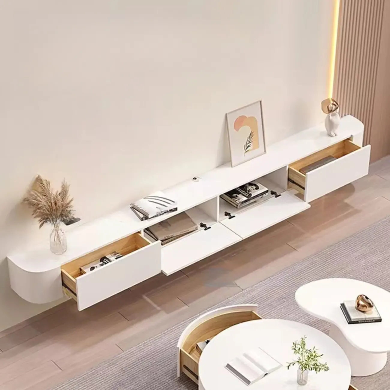 55" White Rubberwood Floating TV Stand with Cable Management Image - 3