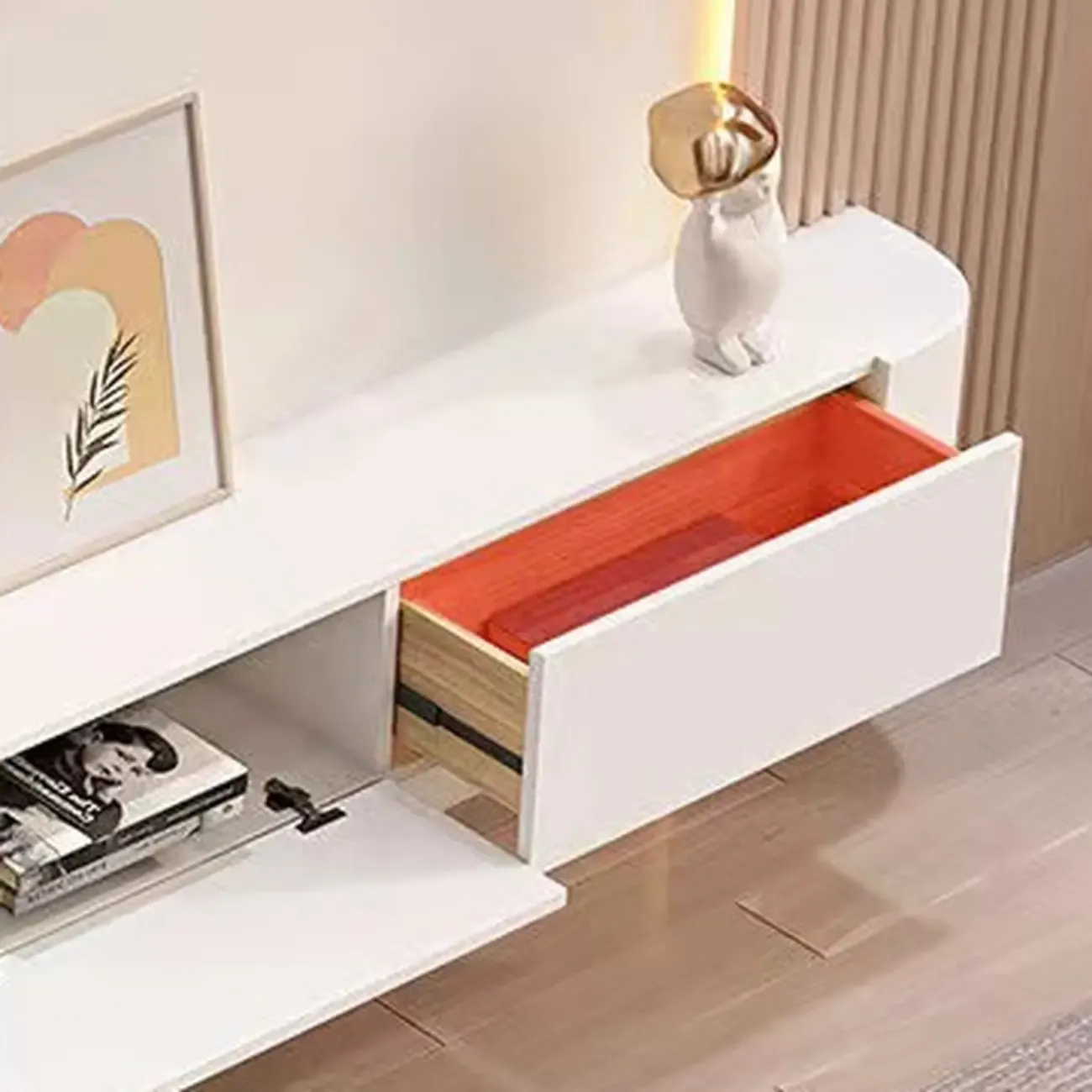 55" White Rubberwood Floating TV Stand with Cable Management Image - 7