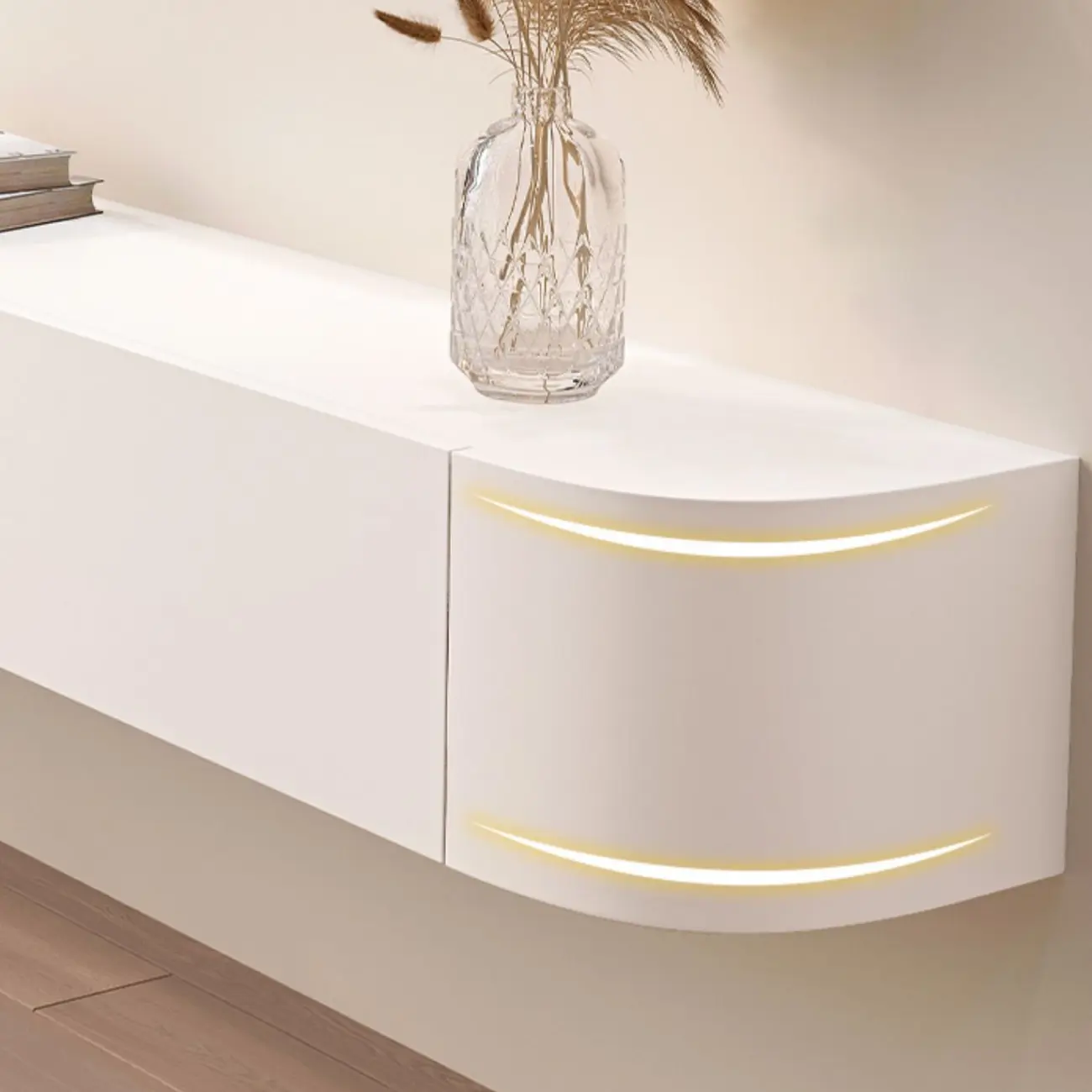 55" White Rubberwood Floating TV Stand with Cable Management Image - 8 | homeyfad