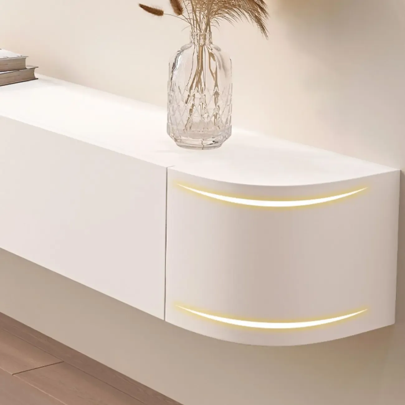 55" White Rubberwood Floating TV Stand with Cable Management Image - 8