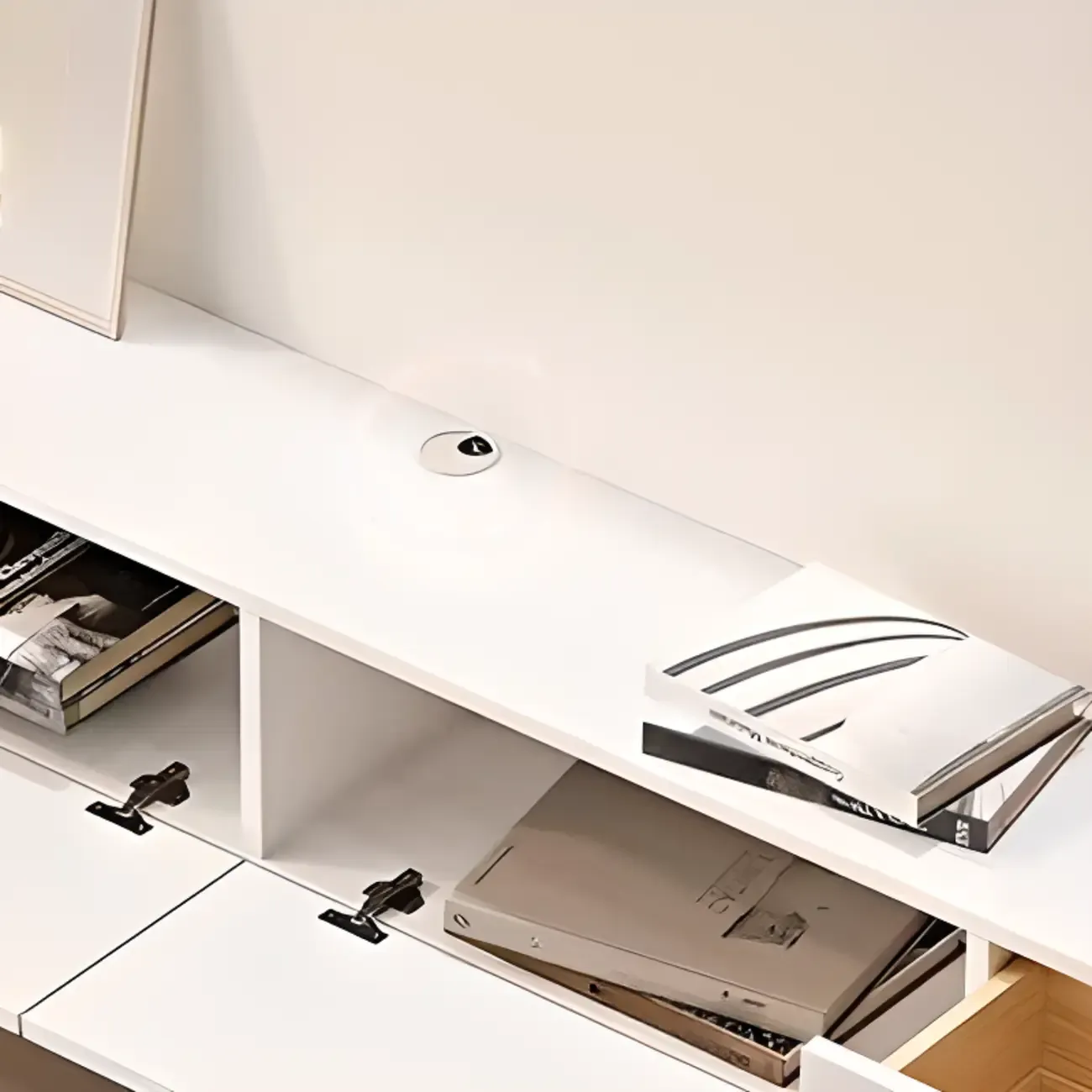 55" White Rubberwood Floating TV Stand with Cable Management Image - 11